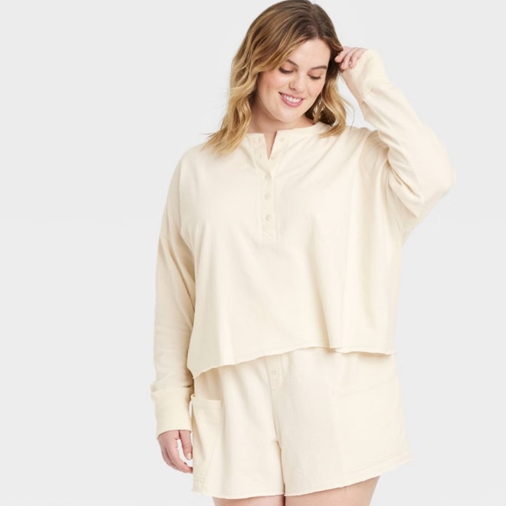 New! Women's Plus Size Long Sleeve Henley Neck Cropped Shirt - Cream, Size 4X